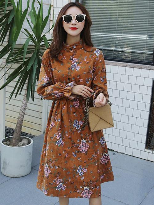 mock neck floral a-line dress - 16010419 - Very Small Image - 1