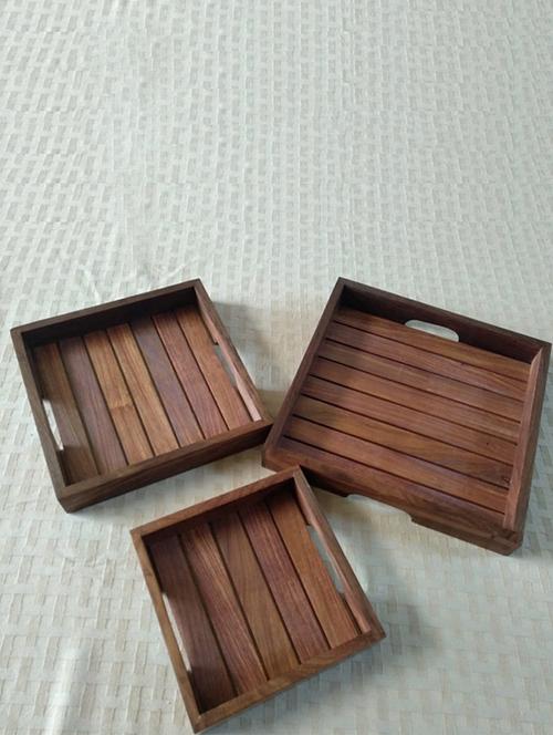 handcrafted sheesham wooden trays (set of 3) - 16010997 - Very Small Image - 1