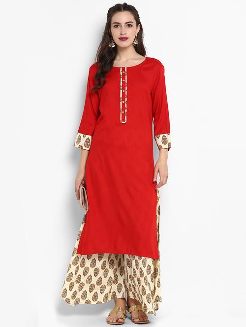 straight solid kurta printed palazzo set - 16011644 - Very Small Image - 1