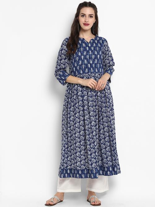 indigo flared printed kurta - 16011655 - Very Small Image - 1