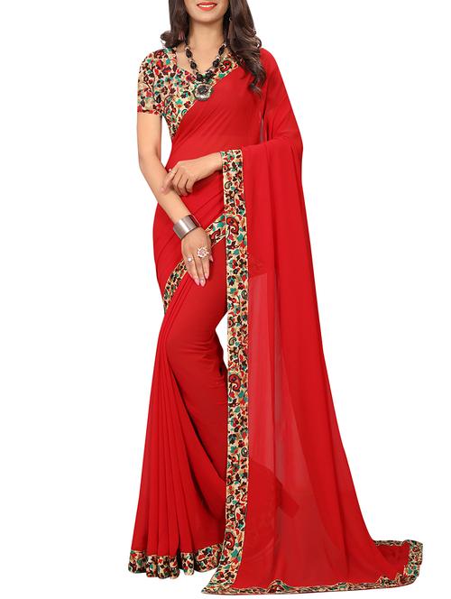 printed lace border red saree with blouse - 16011677 - Very Small Image - 1