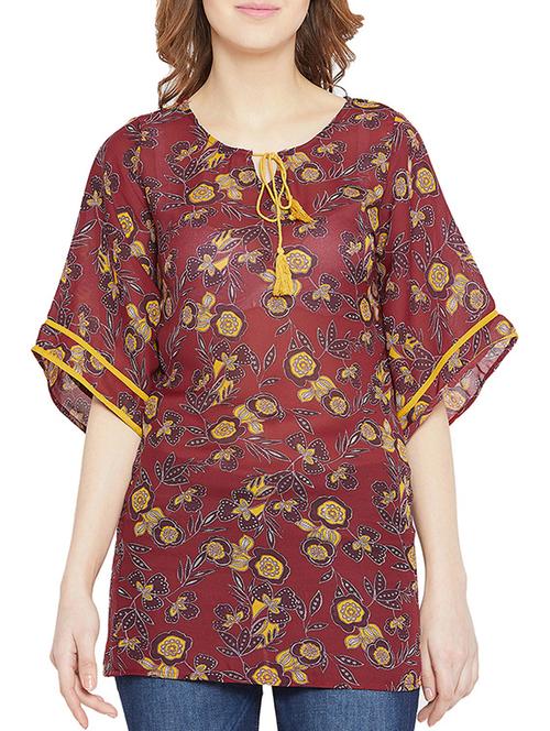 contrast piped tie up floral tunic - 16011976 - Very Small Image - 1