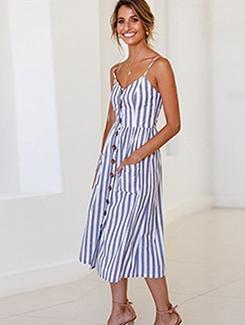 pocket detail striped a-line dress - 16013388 - Very Small Image - 1