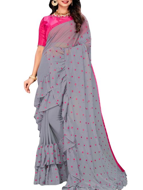 polka dots ruffle border saree with blouse - 16013396 - Very Small Image - 1