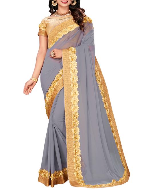 floral ribbon lace border saree with blouse - 16013402 - Very Small Image - 1