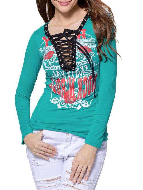 lace up detail graphic print top - 16013454 - Very Small Image - 1