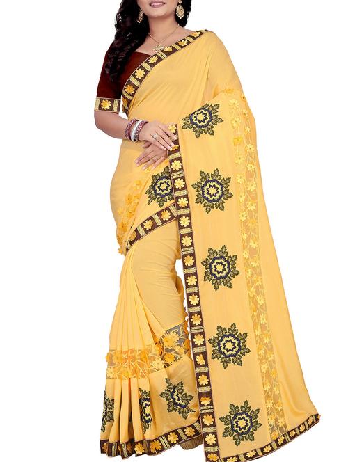 floral resham yellow embroidered saree - 16015071 - Very Small Image - 1