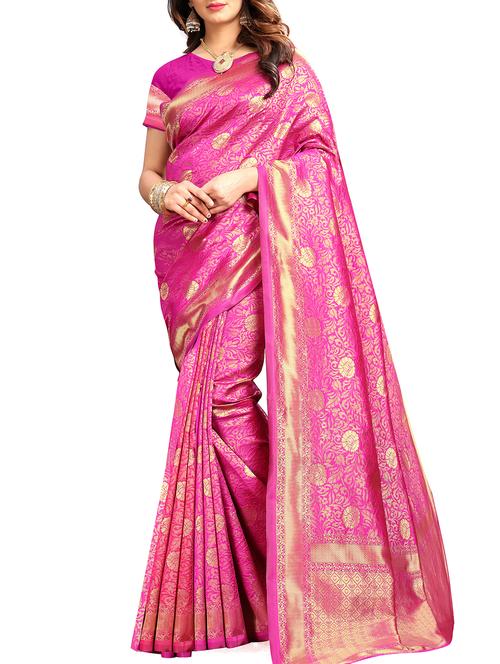 floral zari motif banarasi saree with blouse - 16015557 - Very Small Image - 1