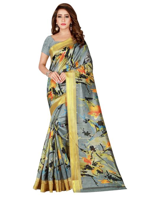 digital floral grey printed saree with blouse - 16015845 - Very Small Image - 1