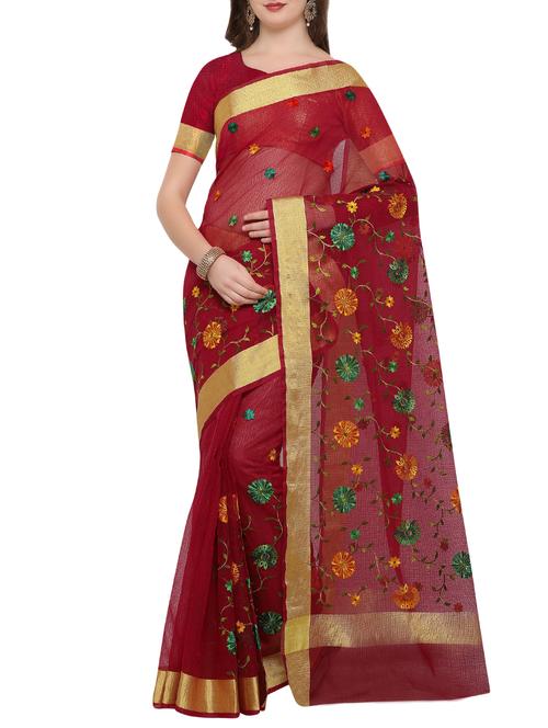 zari border embroidered saree with blouse - 16016919 - Very Small Image - 1