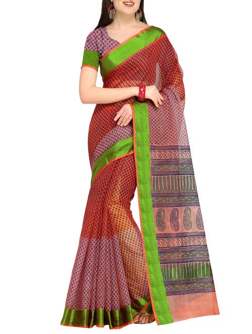 orange cotton printed saree with blouse - 16016941 - Very Small Image - 1