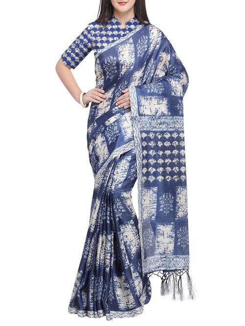 indigo printed saree with blouse - 16016977 - Very Small Image - 1