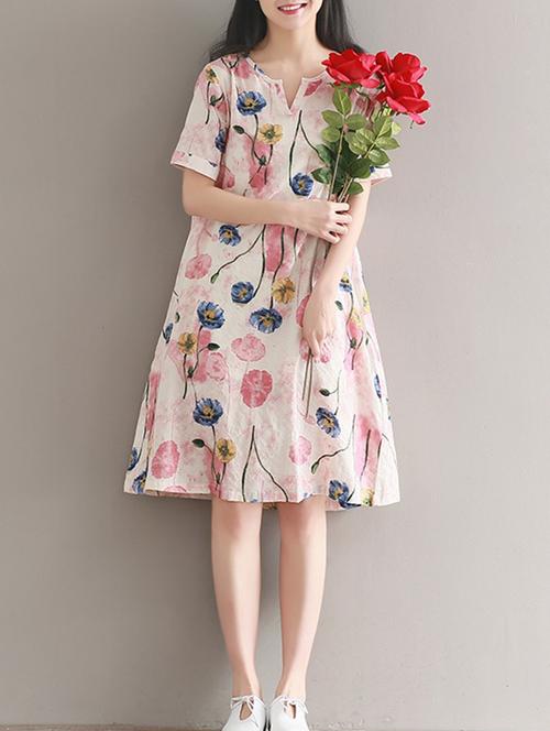 notch neck floral a-line dress - 16017679 - Very Small Image - 1