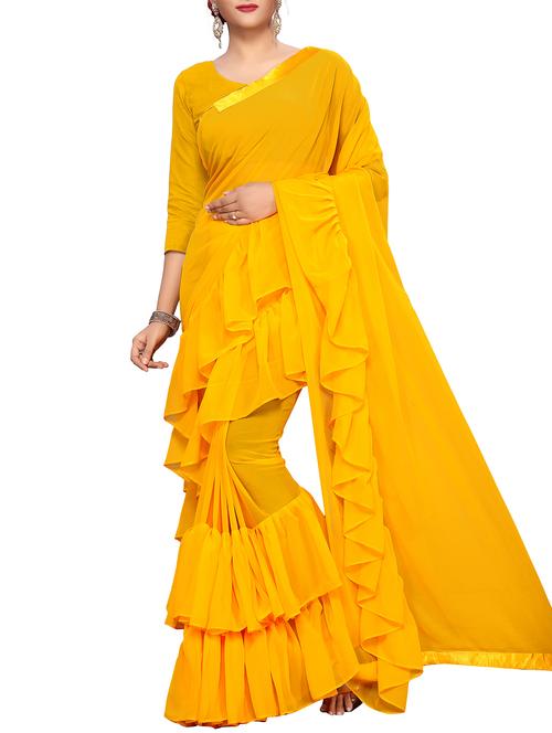 ruffle lace border fusion saree with blouse - 16019766 - Very Small Image - 1
