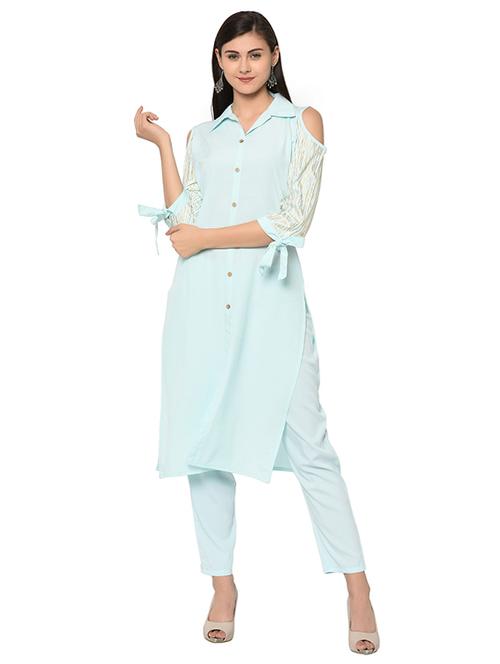 shirt collar with cold shoulder kurta pant set - 16019787 - Very Small Image - 1