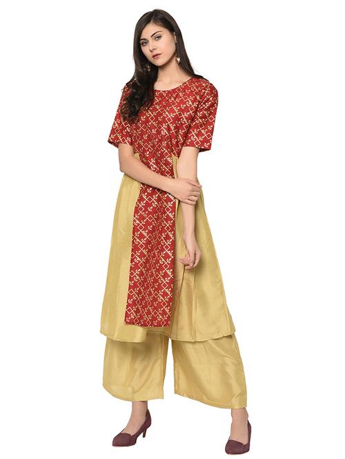 floral print color block kurta with palazzo set - 16019801 - Very Small Image - 1