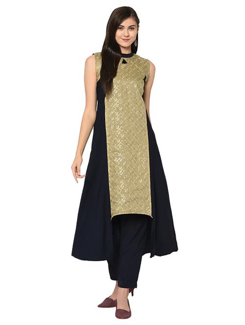 contrast paneled high-low kurta with pant set - 16019836 - Very Small Image - 1