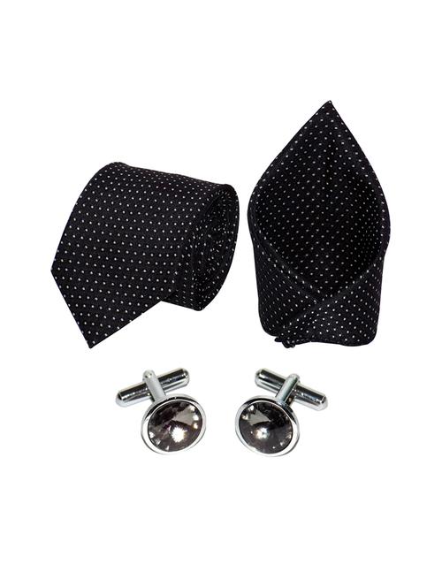 black micro fiber tie , pocket square and cuff links combo - 16022552 - Very Small Image - 1