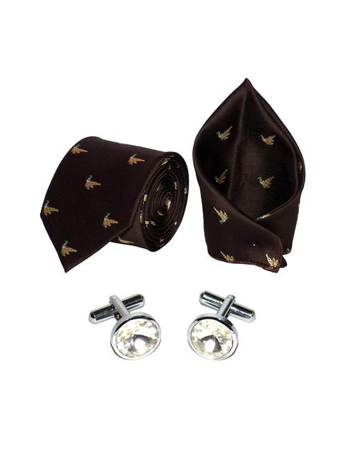brown micro fiber tie , pocket square and cuff links combo - 16022554 - Very Small Image - 1