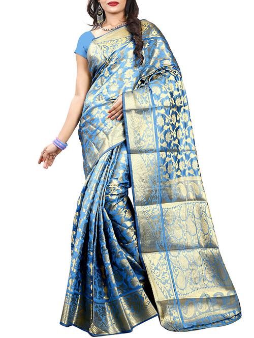 floral zari motif banarasi saree with blouse - 16023217 - Very Small Image - 1