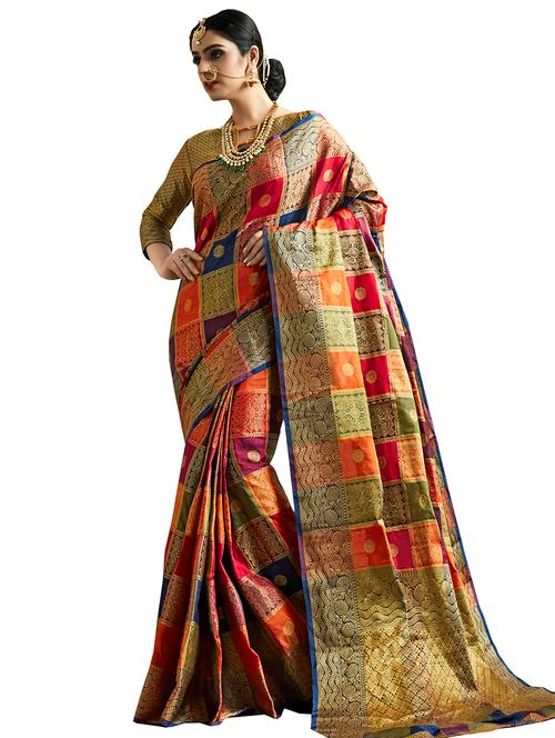 checkered zari motif banarasi saree with blouse - 16023975 - Very Small Image - 1