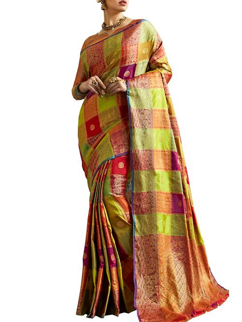 checkered zari motif banarasi saree with blouse - 16023976 - Very Small Image - 1
