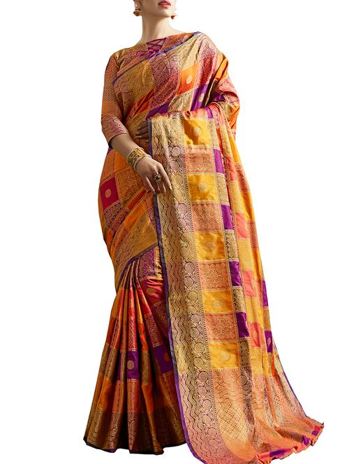 checkered zari motif banarasi saree with blouse - 16023977 - Very Small Image - 1