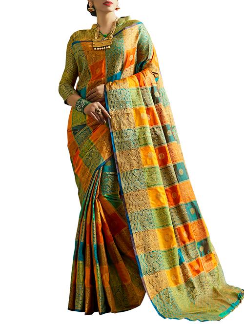 checkered zari motif banarasi saree with blouse - 16023978 - Very Small Image - 1