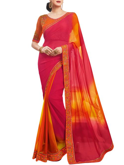 embroidered border ombre saree with blouse - 16025081 - Very Small Image - 1