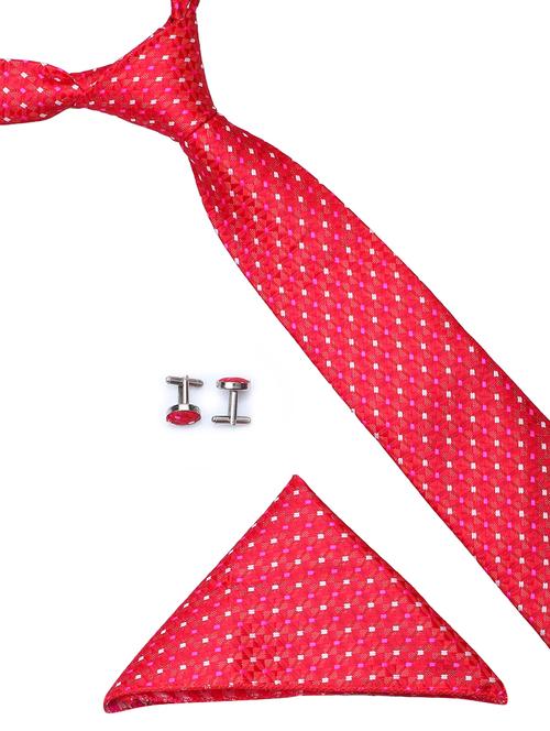 red micro fibre tie , pocket square and cuff links combo - 16025377 - Very Small Image - 1