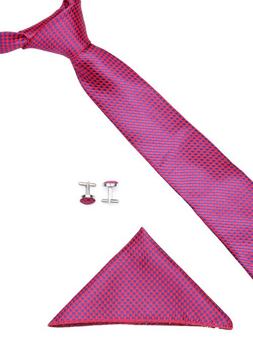 red micro fibre tie , pocket square and cuff links combo - 16025379 - Very Small Image - 1