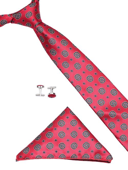 red micro fibre tie , pocket square and cuff links combo - 16025396 - Very Small Image - 1