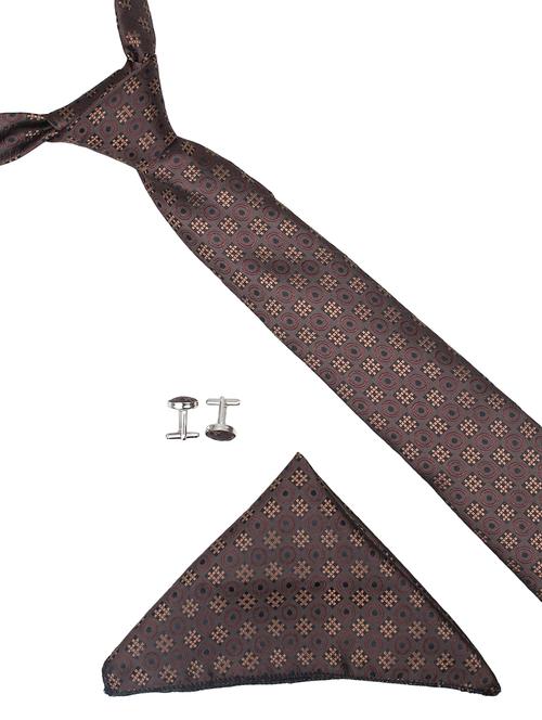 brown micro fibre tie , pocket square and cuff links combo - 16025403 - Very Small Image - 1