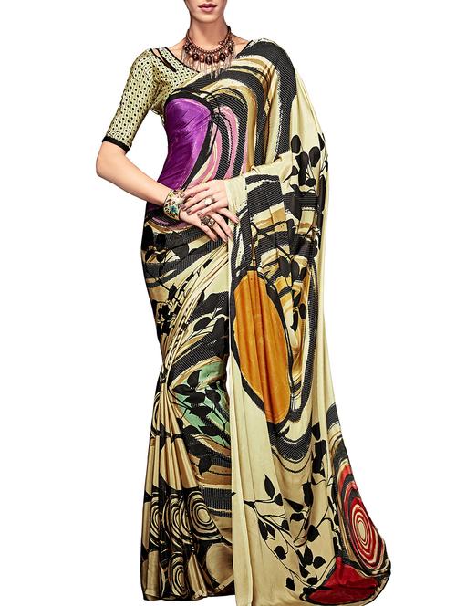 abstract printed beige saree with blouse - 16025530 - Very Small Image - 1