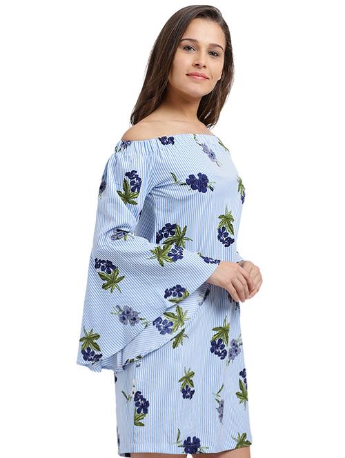 floral striped off shoulder a-line dress - 16026639 - Very Small Image - 1