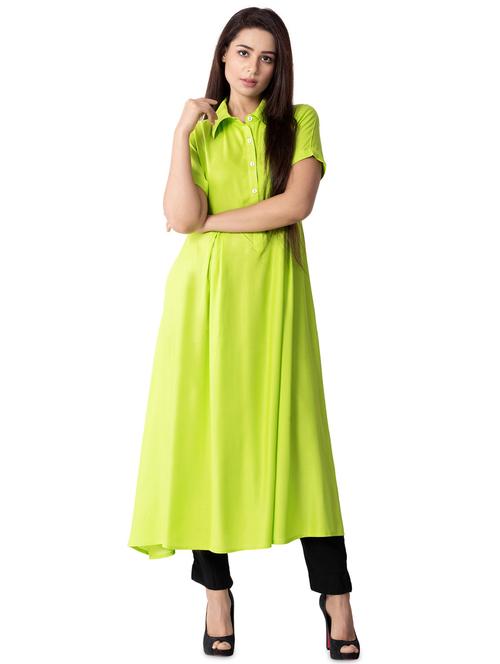 lime solid flared kurta - 16027049 - Very Small Image - 1