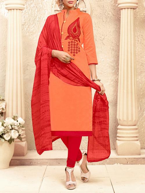 orange cotton unstitched suit - 16027657 - Very Small Image - 1