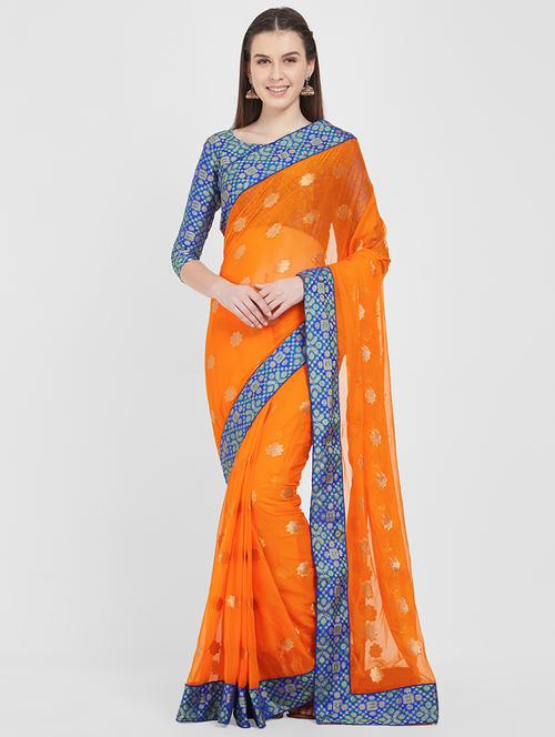 floral zari motif orange woven saree with blouse - 16027804 - Very Small Image - 1