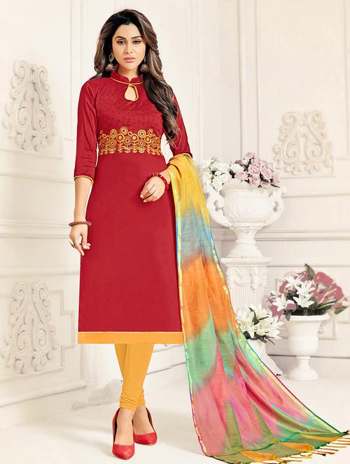 red cotton unstitched suit - 16028100 - Very Small Image - 1