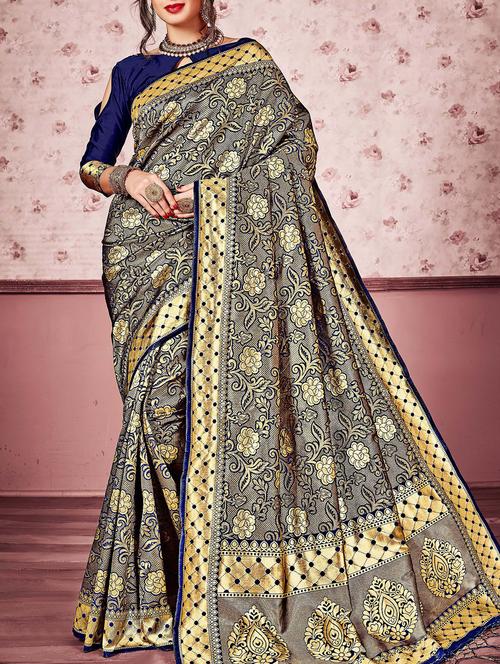 floral zari motif kanjivaram saree with blouse - 16028187 - Very Small Image - 1