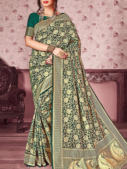 floral zari motif green kanjivaram saree with blouse - 16028191 - Very Small Image - 1