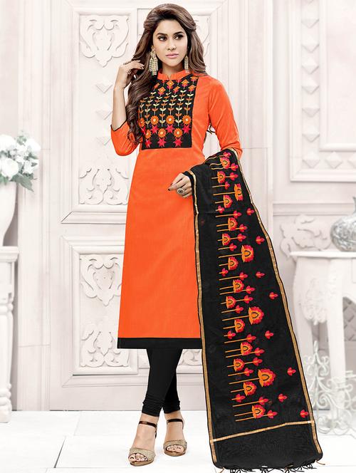 orange raw silk unstitched suit - 16028237 - Very Small Image - 1