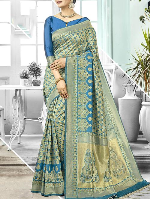 ethnic zari motif kanjivaram saree with blouse - 16029388 - Very Small Image - 1