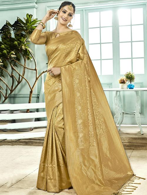 floral zari motif gold kanjivaram saree with blouse - 16029394 - Very Small Image - 1