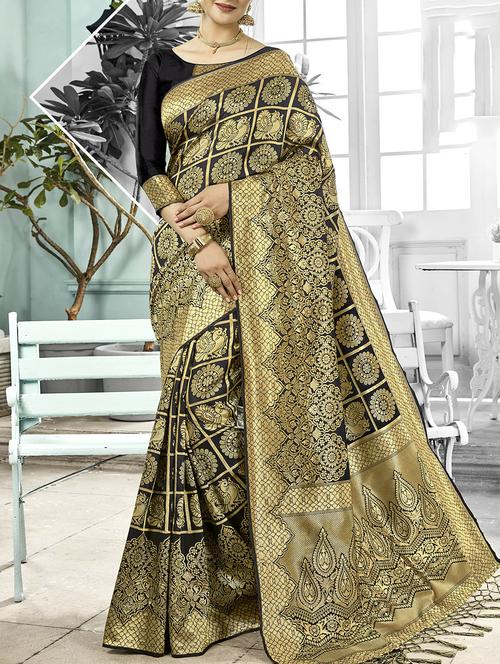 conversational zari motif black kanjivaram saree with blouse - 16029395 - Very Small Image - 1
