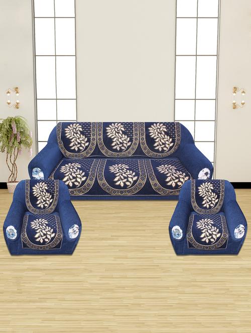 polyester fabric floral design sofa covers set of 5 seater - navy blue - 16029913 - Very Small Image - 1