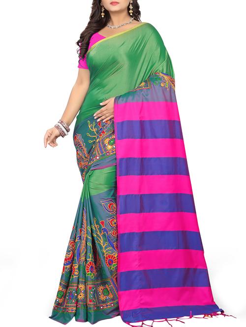 resham embroidered striped border saree with blouse - 16030188 - Very Small Image - 1