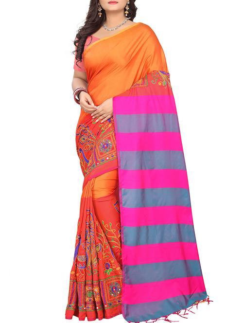 resham embroidered striped border saree with blouse - 16030189 - Very Small Image - 1