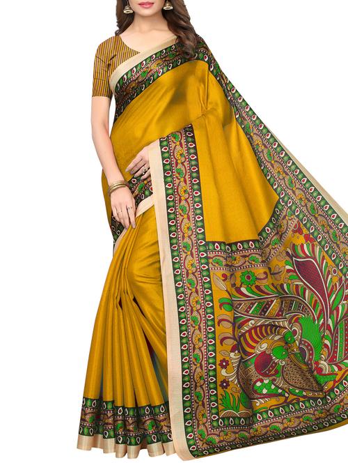 kalamkari border mustard printed saree with blouse - 16030217 - Very Small Image - 1