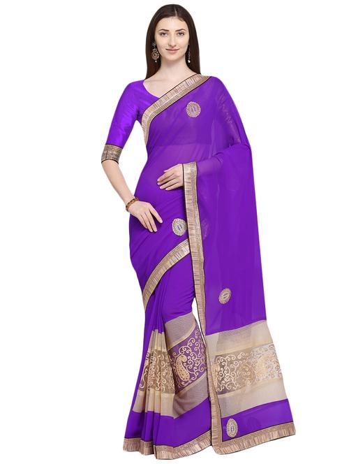 purple patchwork embroidered saree with blouse - 16030483 - Very Small Image - 1